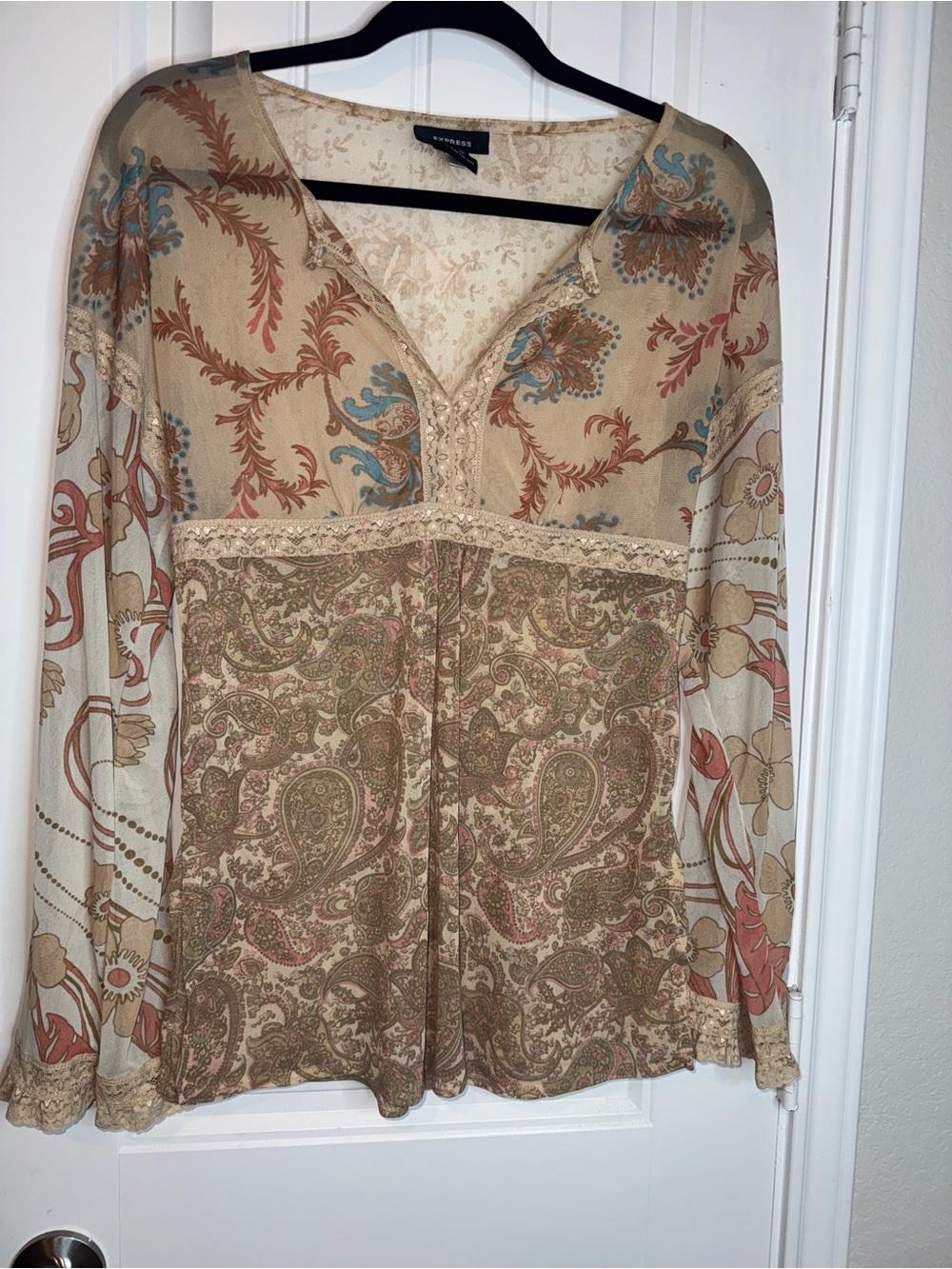 Y2K express fairy long-sleeve Beige Lace-Trim Tunic boho hippie feminine‎ - Picture 3 of 9